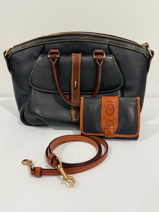 Handbags - Dooney & Bourke Black & Brown Leather Handbag with Matching Wallet and Strap